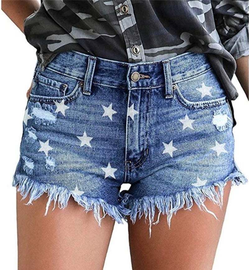 onlypuff Ripped Jean Shorts for Teen Girls Pull On Boyfriend Shorts Star Denim Shorts L - Image 1